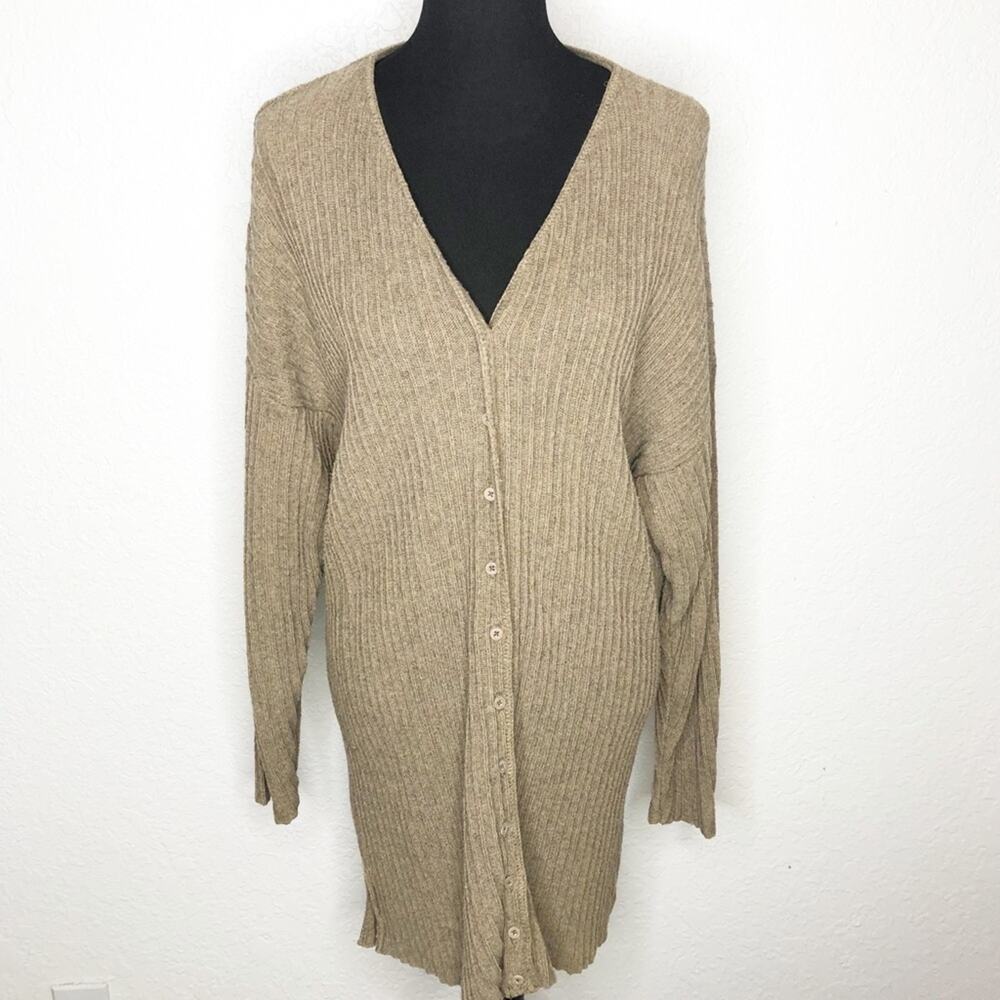 Eileen Fisher tan ribbed knit button down long cardigan size 2 or 2X